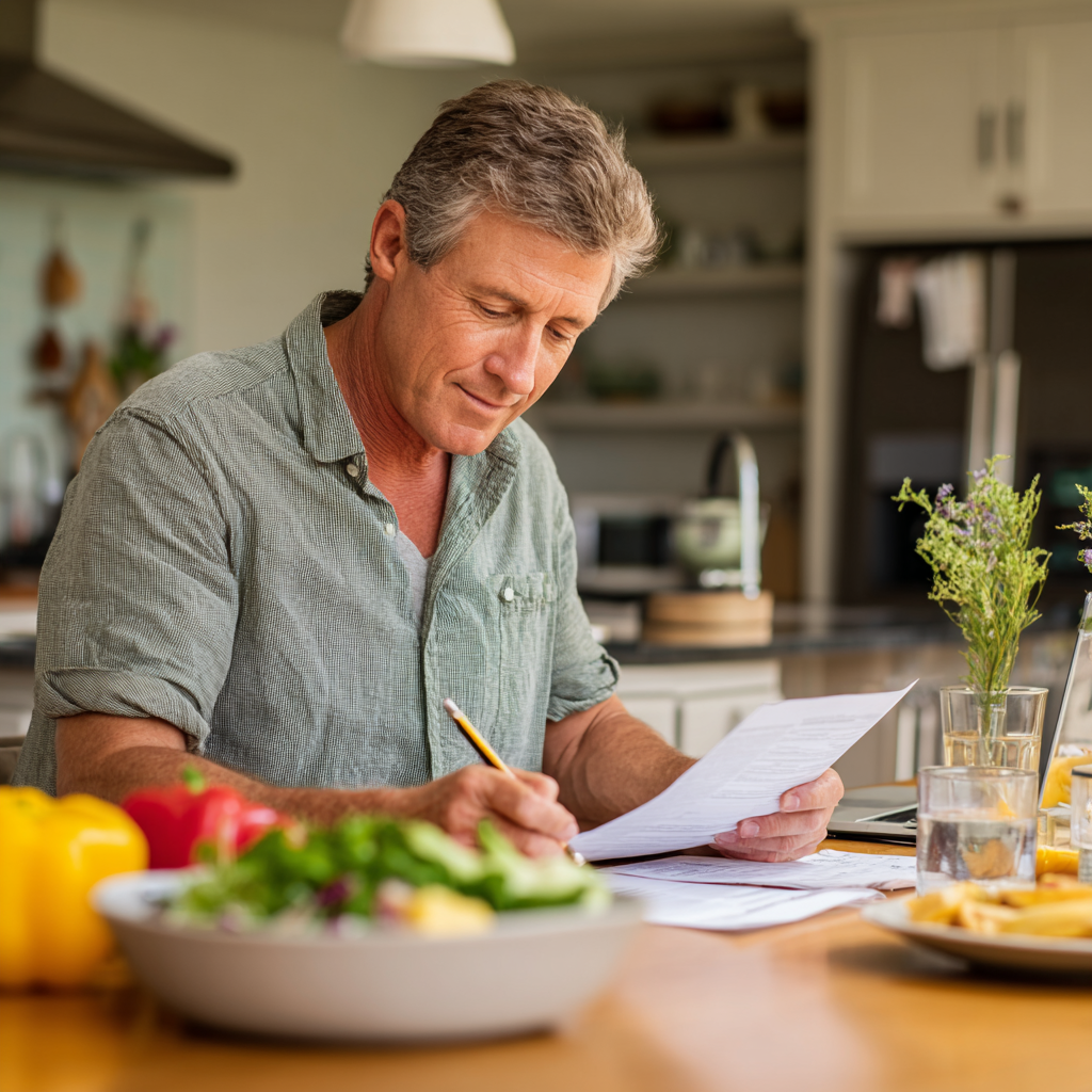Middle-aged adult reviewing meal plans at a bright kitchen table