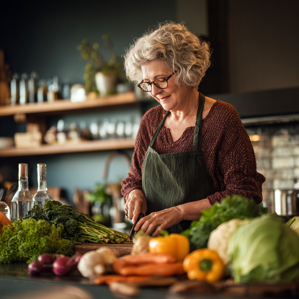 Older adult preparing fresh seasonal vegetables in a modern kitchen